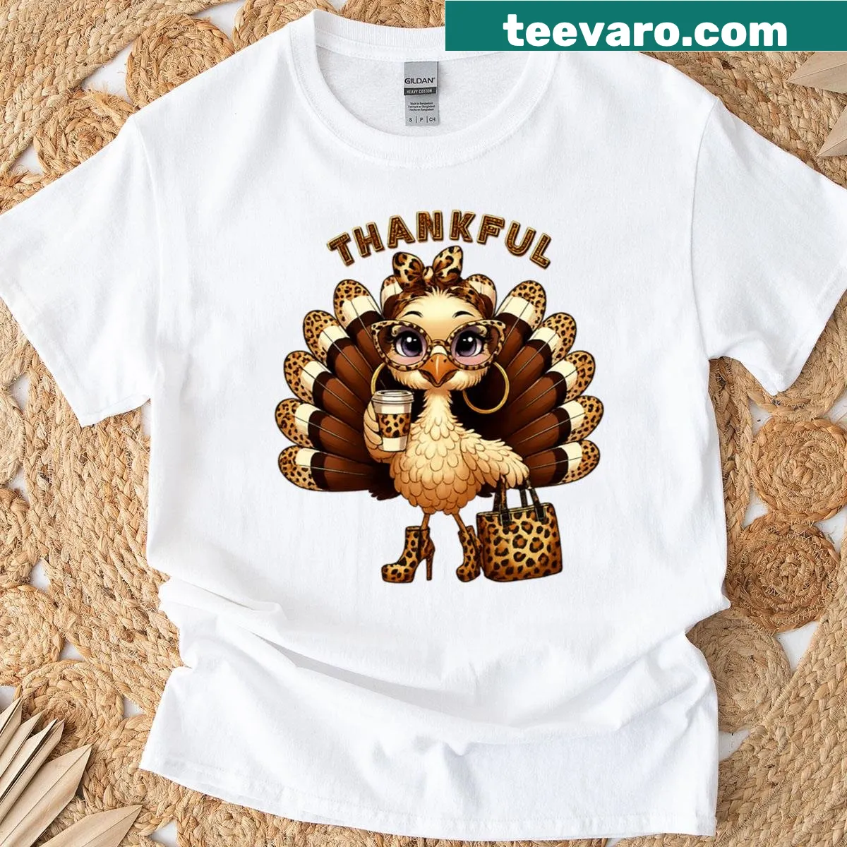 Chic turkey graphic with leopard print on a vintage-style tee — on a men's t-shirt