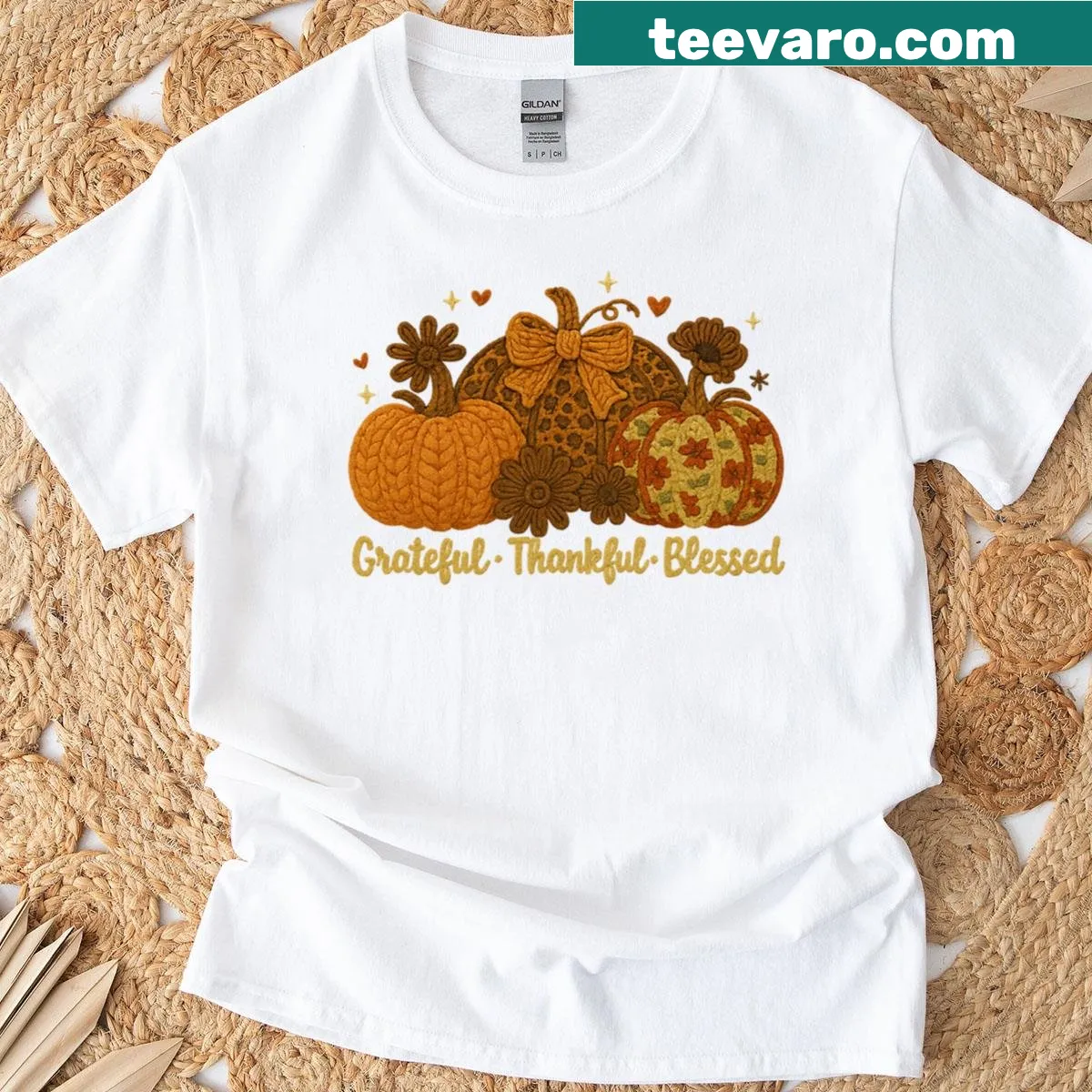 Illustrative T-shirt with a pumpkin and thankful wording for Thanksgiving — on a men's t-shirt