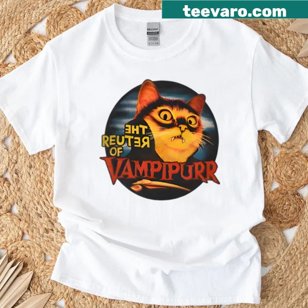 Vintage horror-themed graphic featuring a cat on a movie poster tee