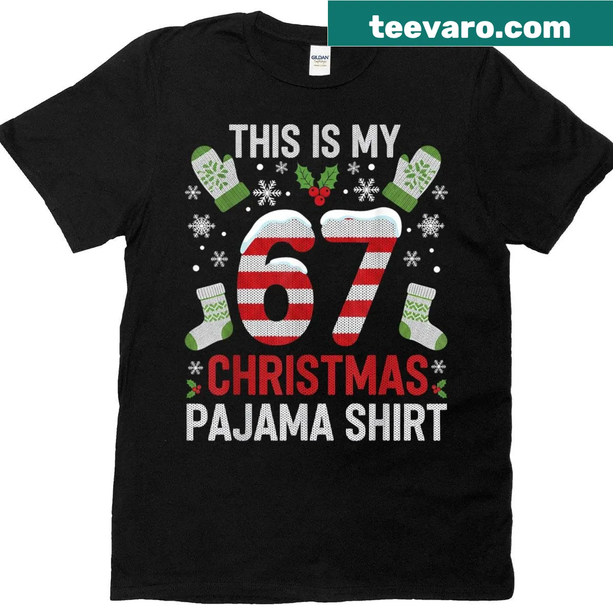 Humorous Christmas shirt with '67 Christmas Pajama' text — on a men's t-shirt