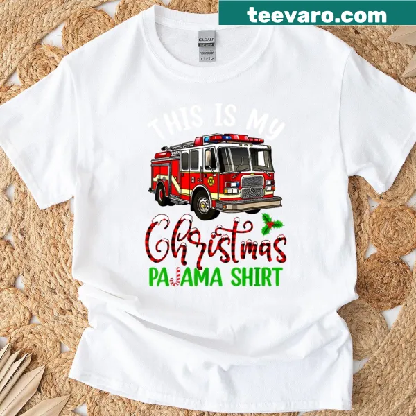 Christmas-themed T-shirt for firefighters with pajama fire truck slogan