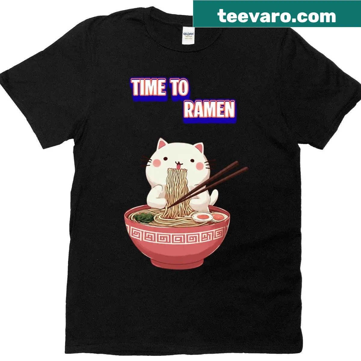 Kawaii cat eating ramen graphic t-shirt — on a men's t-shirt