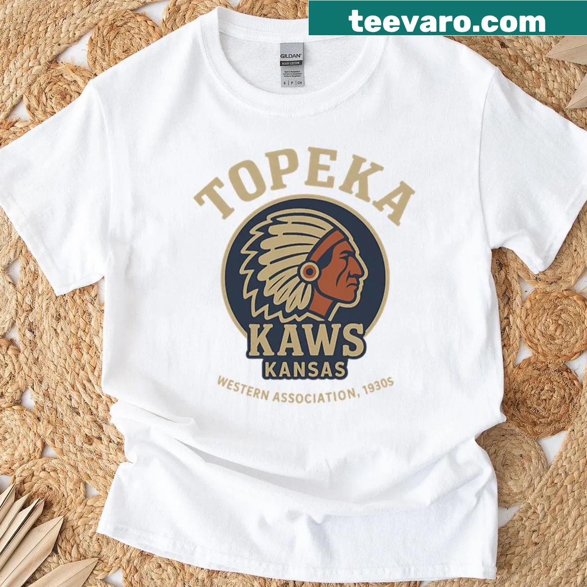 Vintage Topeka Kaws Baseball Association logo t-shirt from the 1930s — on a men's t-shirt
