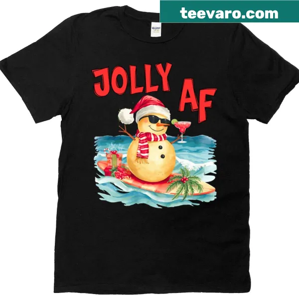 T-shirt with a snowman surfing in tropical Christmas art