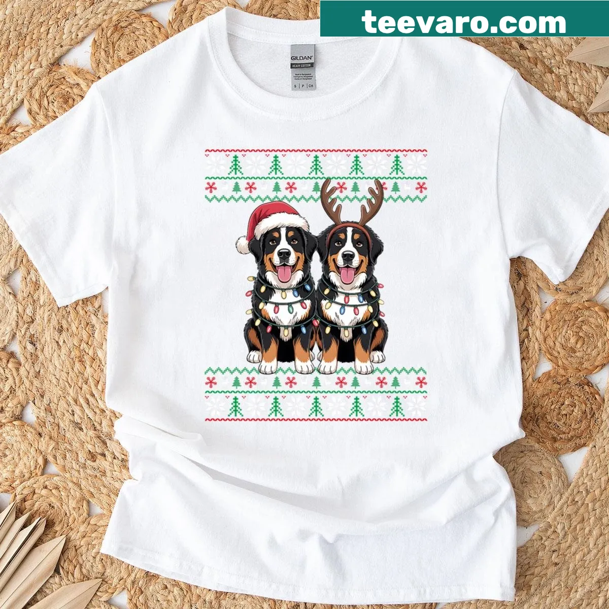 Funny Christmas shirt with a Bernese Mountain Dog and colorful Xmas lights — on a men's t-shirt