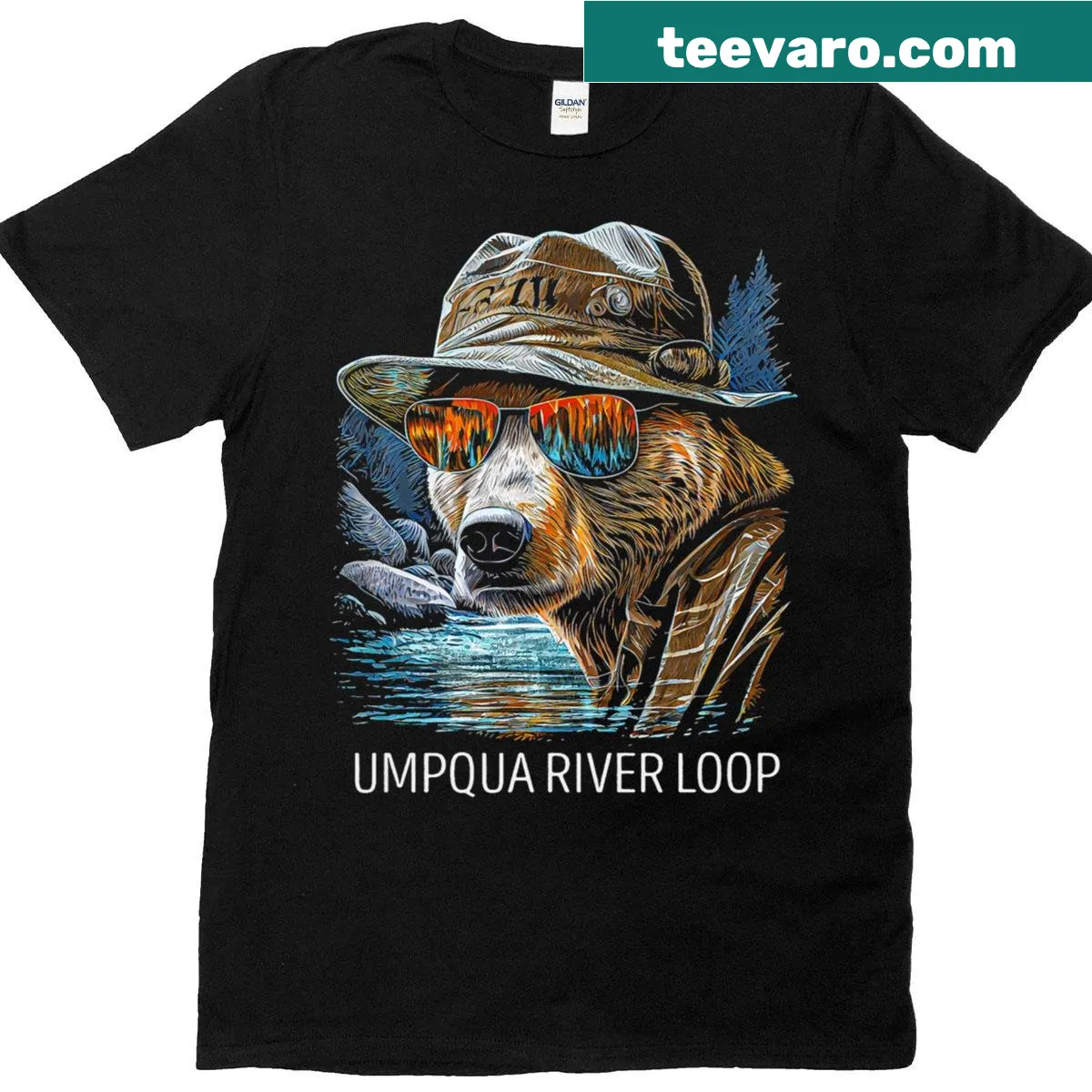 Nature-themed shirt celebrating the Umpqua River Loop design. — on a men's t-shirt