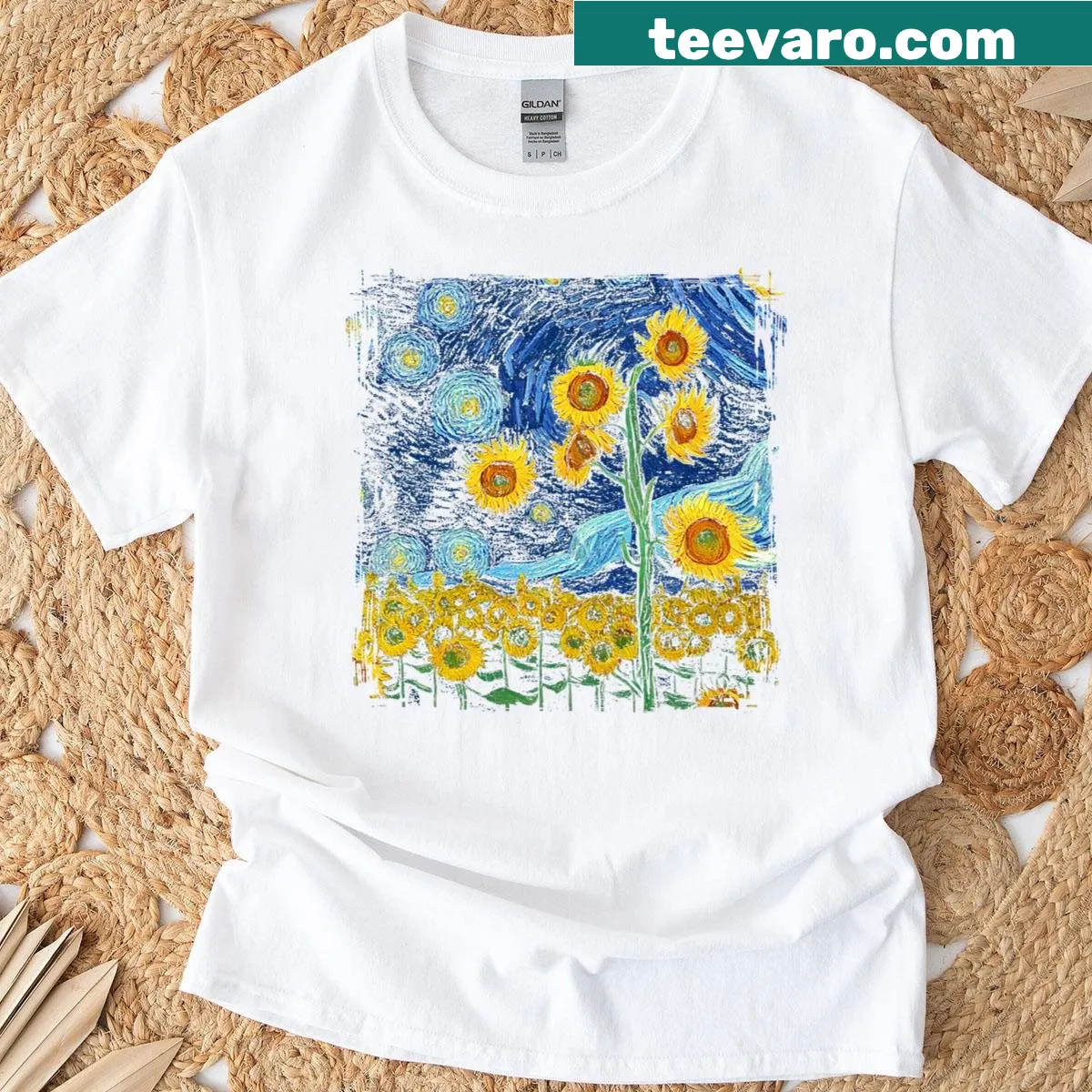 Vintage style Van Gogh Sunflowers art T-shirt with yellow flower print — on a men's t-shirt