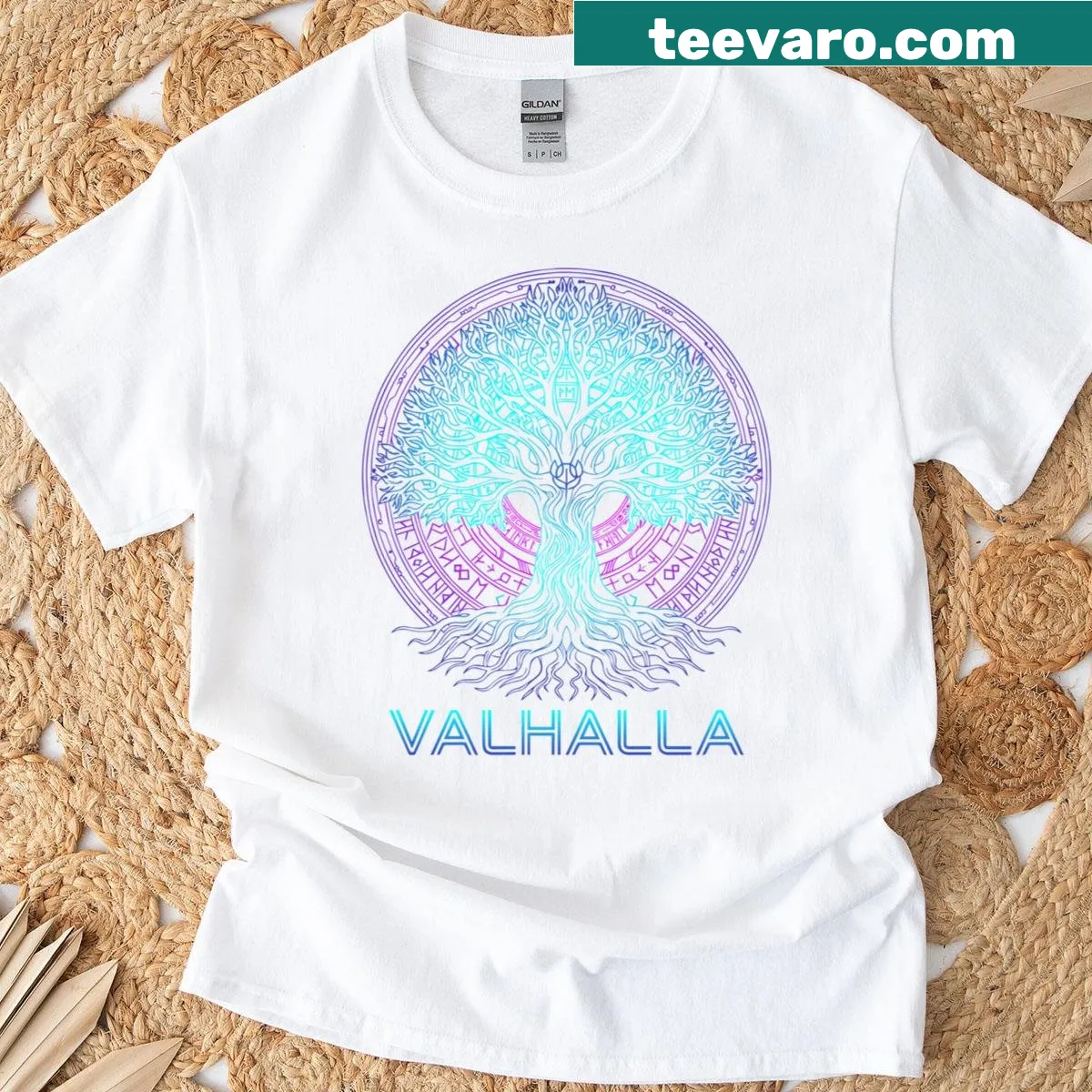 Vaporwave-style t-shirt featuring Yggdrasil from Norse mythology — on a men's t-shirt