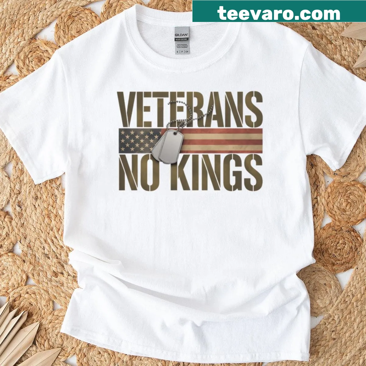 Military patch inspired USA flag with No Kings text t-shirt — on a men's t-shirt