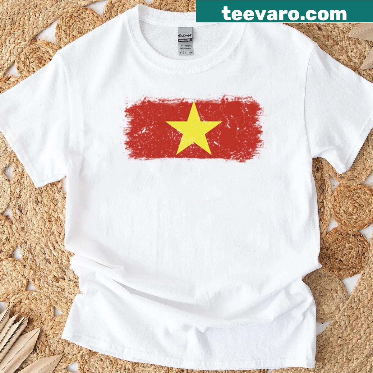 Faded Vietnamese flag t-shirt with vintage design — on a men's t-shirt