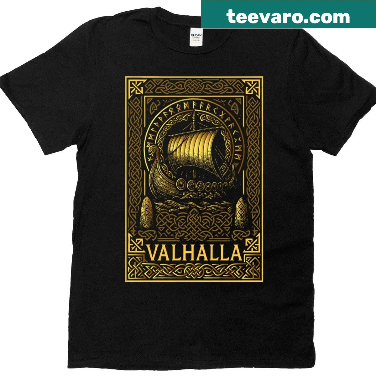 Viking longship graphic T-shirt with Nordic runes — on a men's t-shirt