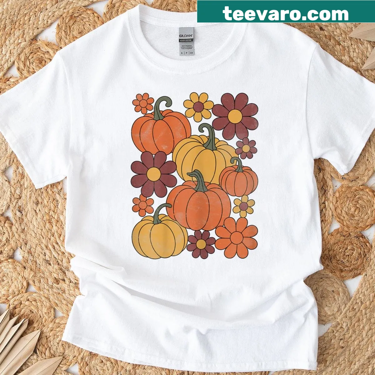 Vintage floral and pumpkin graphic T-shirt for autumn — on a men's t-shirt