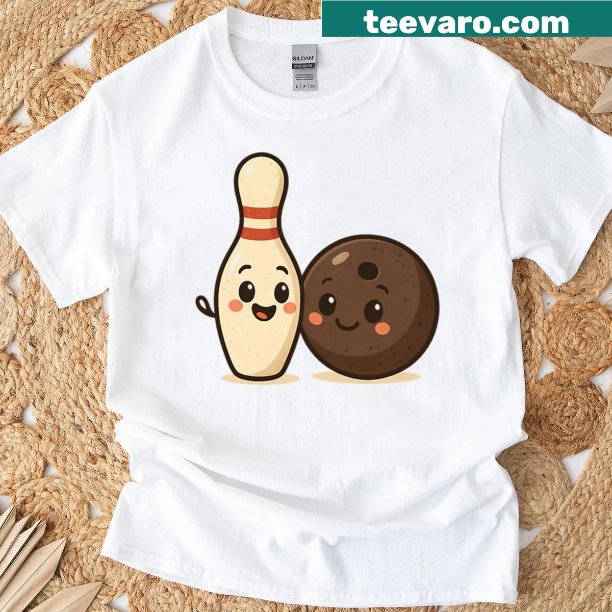 Vintage cartoon bowling pins and ball t-shirt — on a men's t-shirt