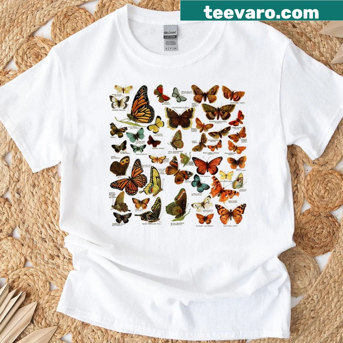 Vintage-style t-shirt featuring a collection of beautifully illustrated butterflies — on a men's t-shirt