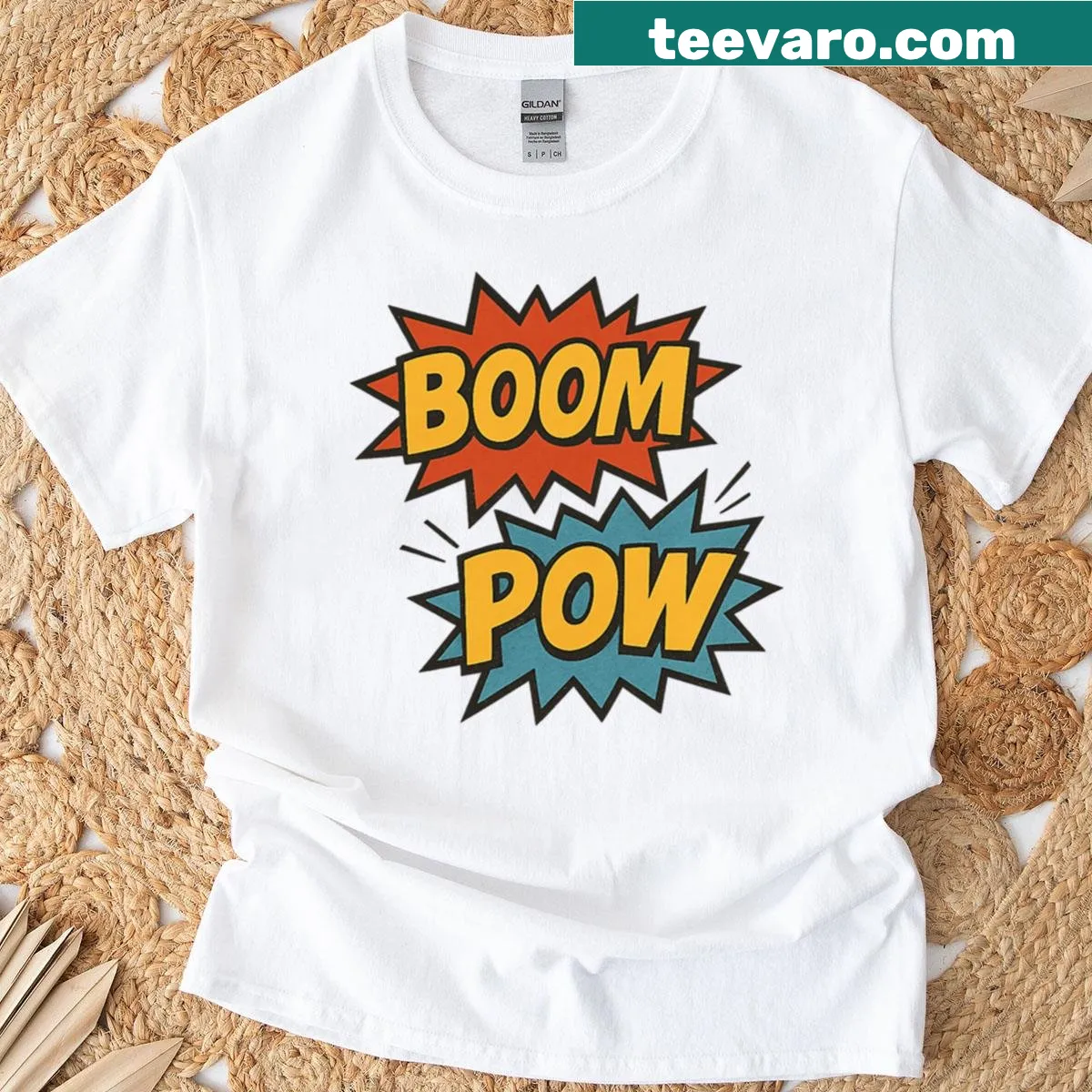Vintage comic book shirt featuring 'Boom-Pow' speech bubble design — on a men's t-shirt