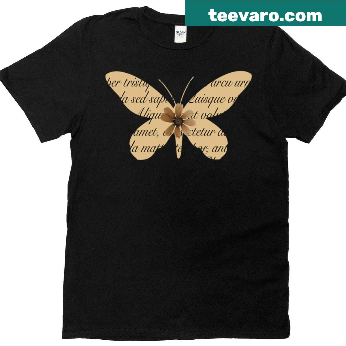 Floral butterfly illustration with text art on a vintage-style T-shirt — on a men's t-shirt