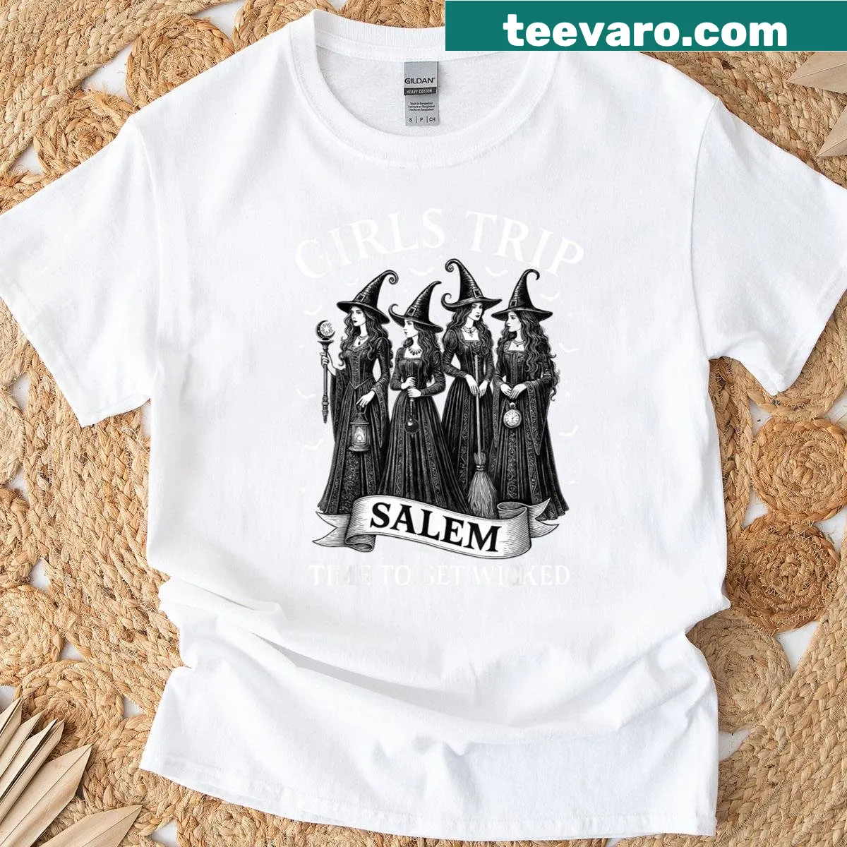 Vintage-style t-shirt for girls trip to Salem with Halloween theme — on a men's t-shirt