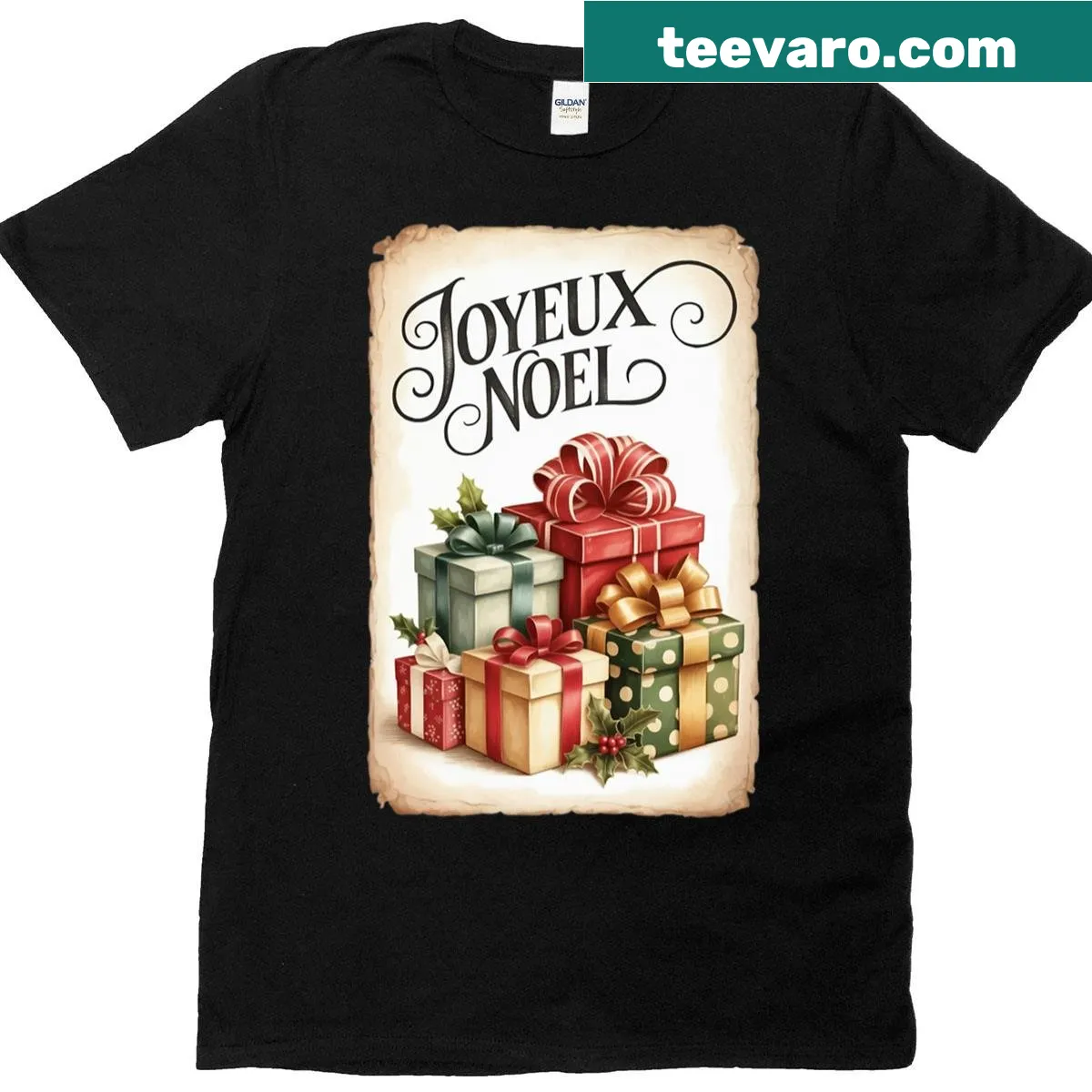 Illustrated Christmas presents on a vintage-style T-shirt with Joyeux Noel text — on a men's t-shirt
