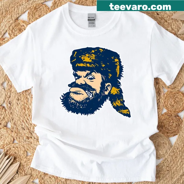 Vintage mountain mascot head graphic on a nature-themed t-shirt