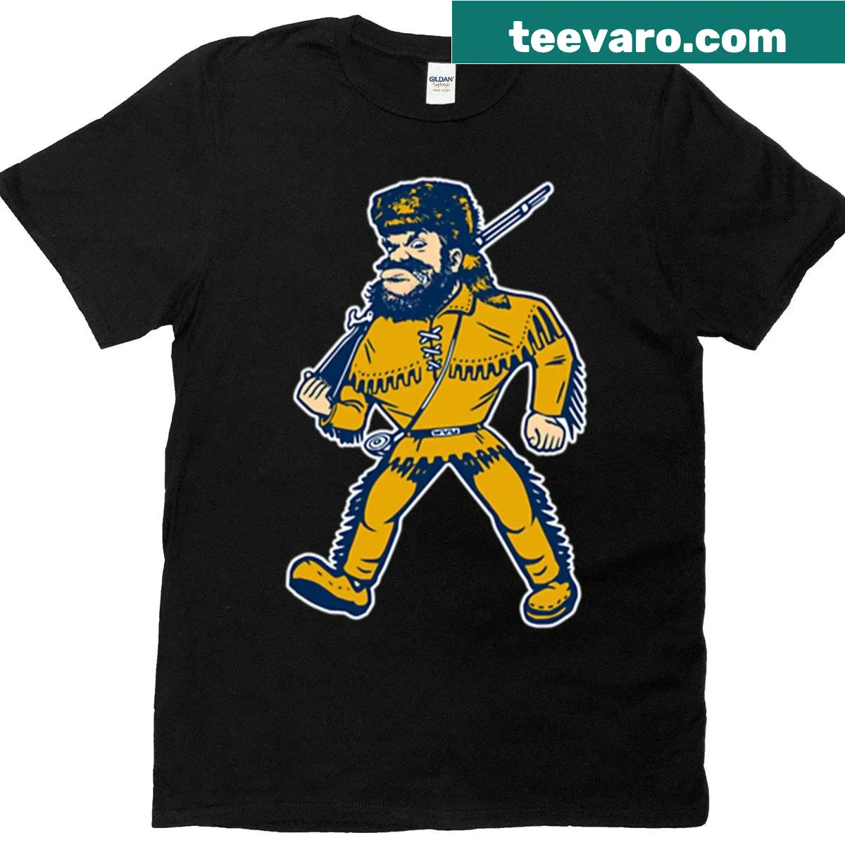 Vintage t-shirt featuring a playful mountain mascot illustration — on a men's t-shirt