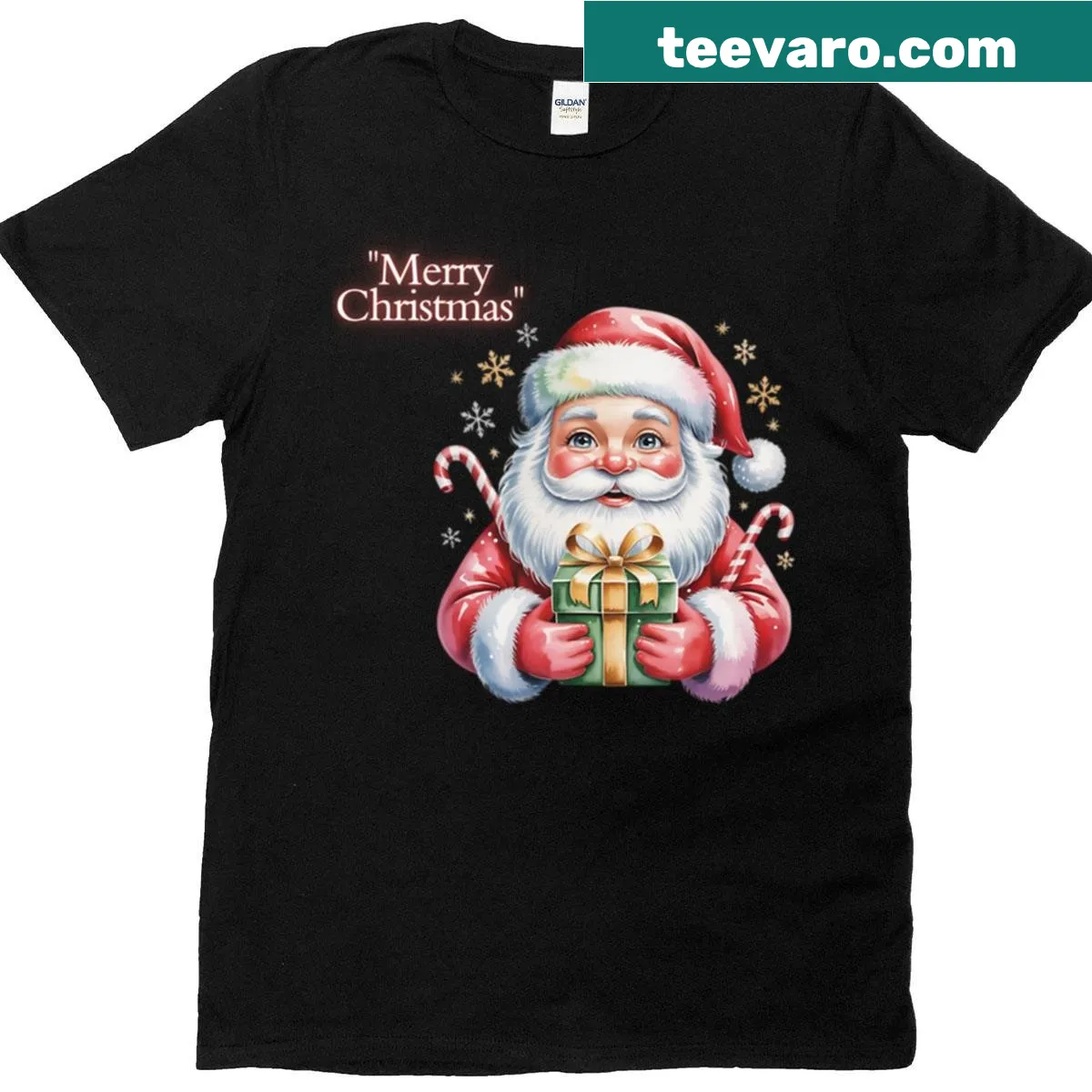 Vintage Santa Claus holding a gift Christmas t-shirt — on a men's t-shirt