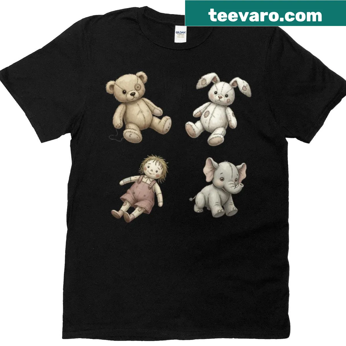 Illustrated vintage stuffed animal quartet graphic t-shirt — on a men's t-shirt