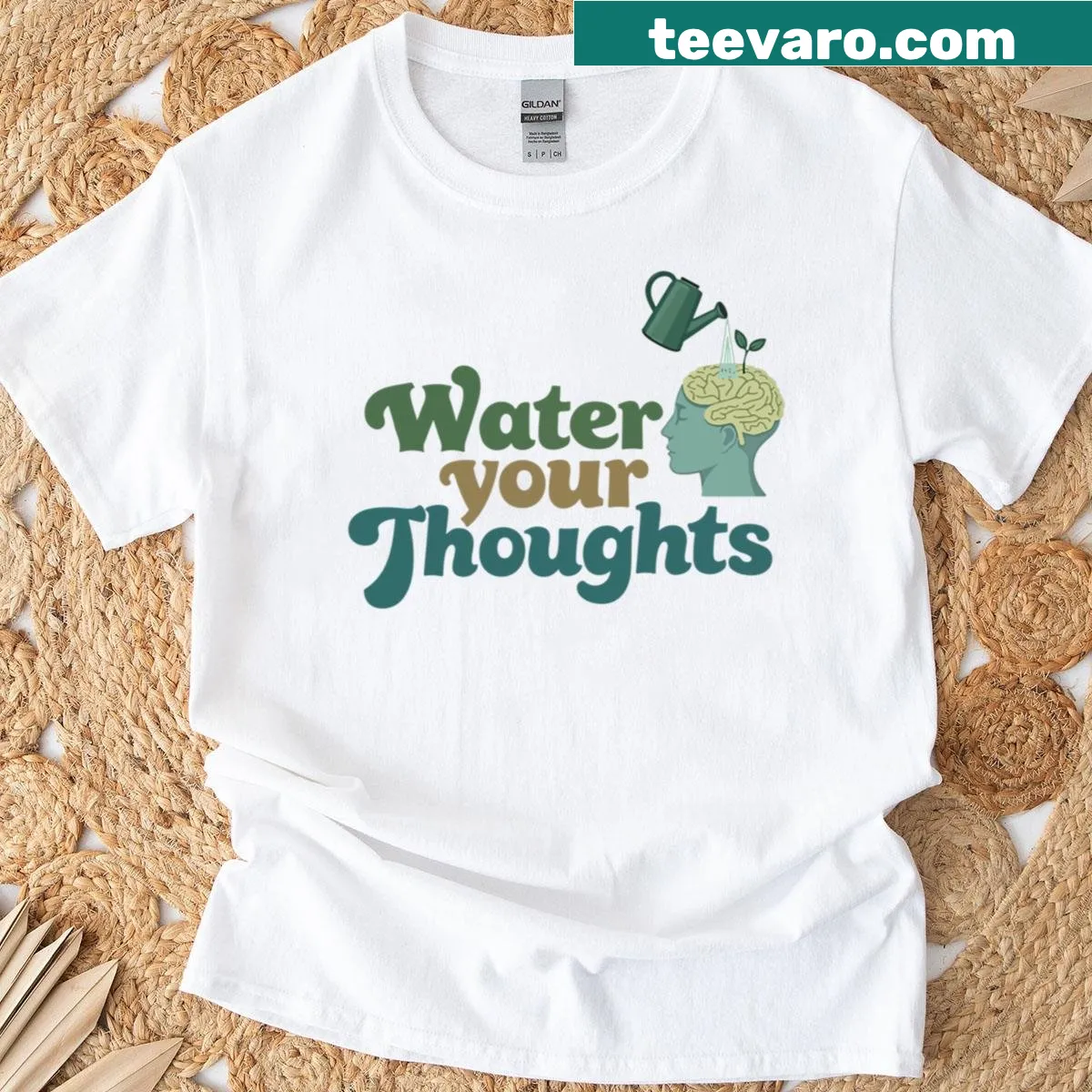 Vintage pastel T-shirt with 'Water Your Thoughts' mindfulness design — on a men's t-shirt