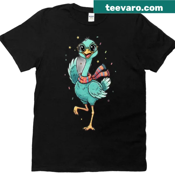 Cute t-shirt with a cartoon ostrich wearing glasses and waving