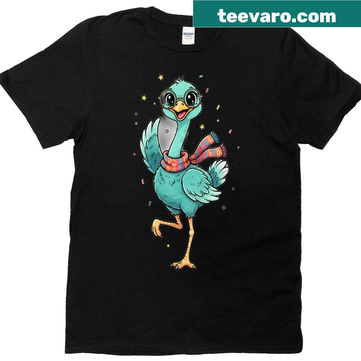 Cute t-shirt with a cartoon ostrich wearing glasses and waving — on a men's t-shirt