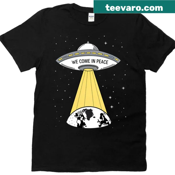 Cartoon UFO and alien design t-shirt with 'We Come In Peace' text