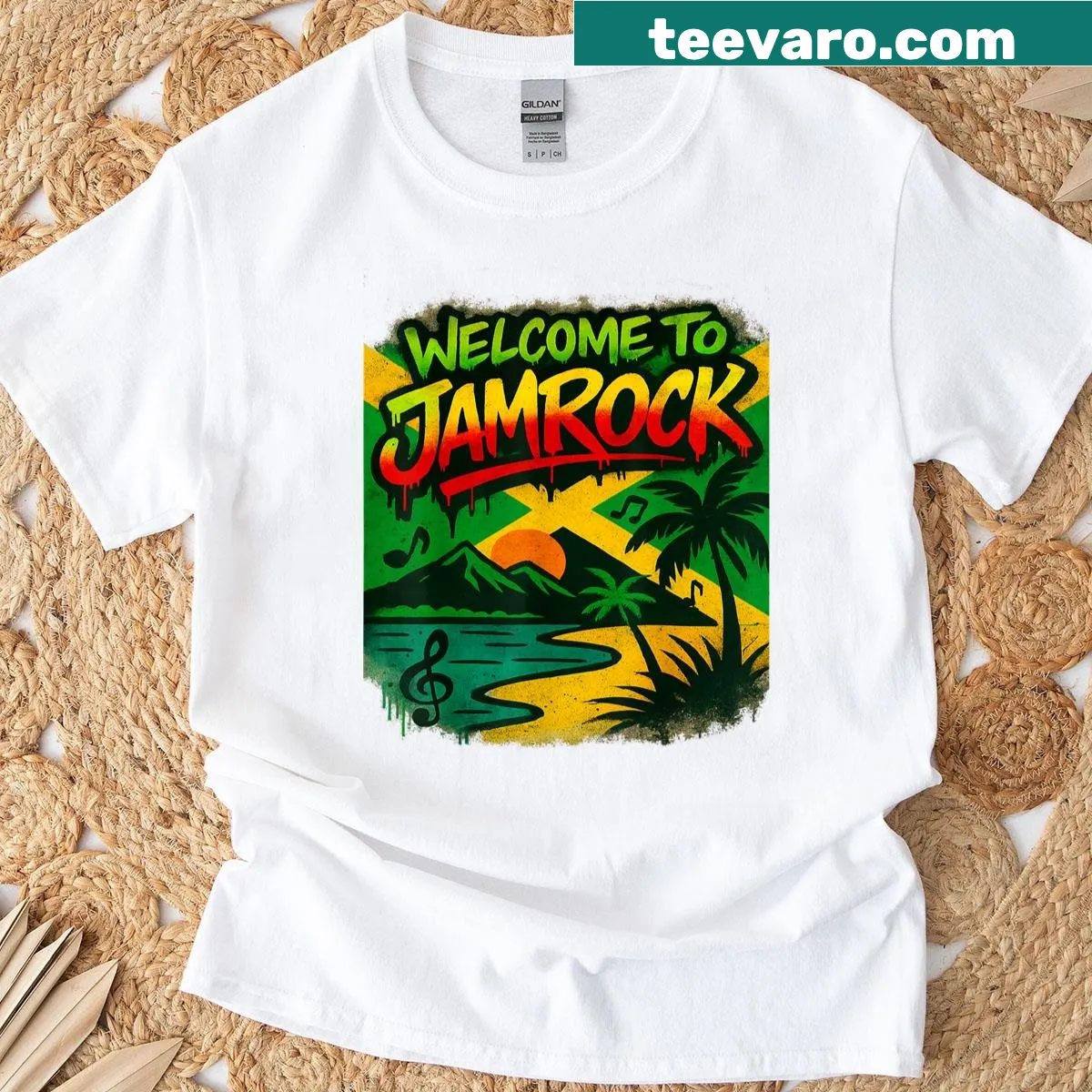 Reggae music themed Welcome To Jamrock t-shirt — on a men's t-shirt