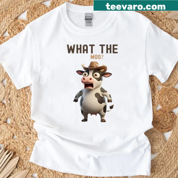 Humorous t-shirt featuring a cartoon cow and the phrase 'What The Moo'