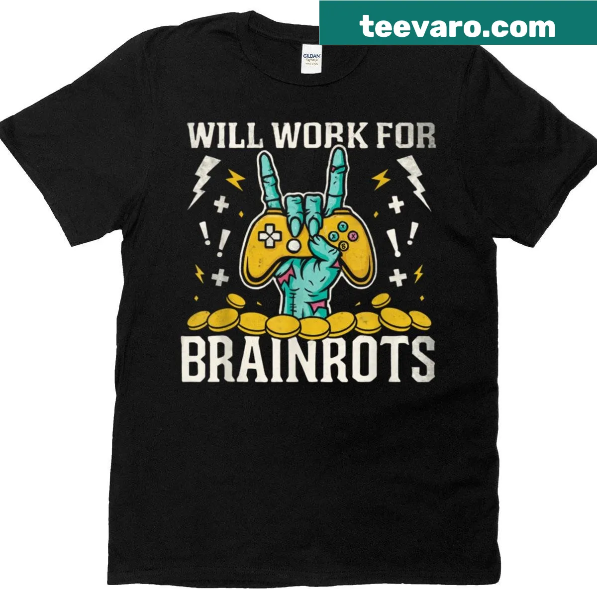 Funny gamer T-shirt with Will Work For Brainrots text — on a men's t-shirt