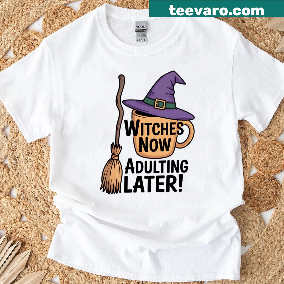 Funny cartoon witch design on oversized t-shirt celebrating adulthood — on a men's t-shirt