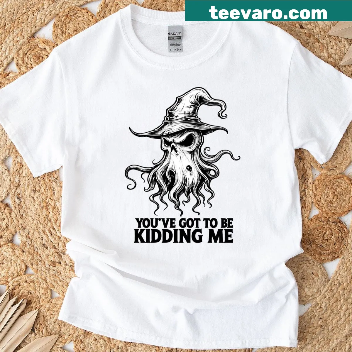 Cartoon of a witchy ghost octopus for Halloween on a T-shirt — on a men's t-shirt