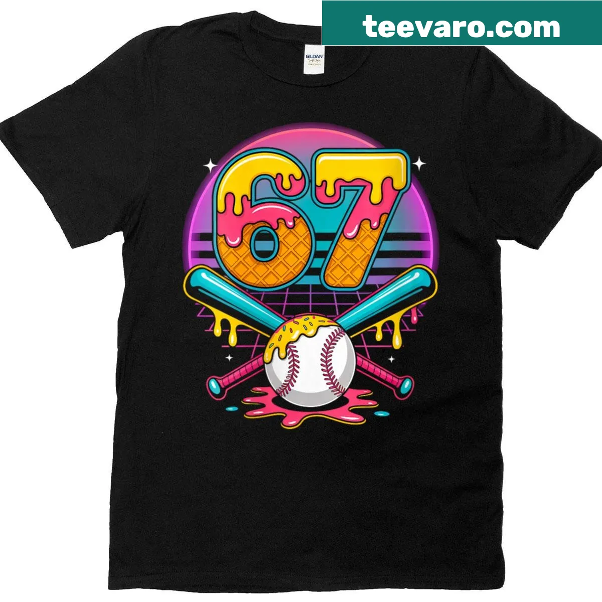 Humorous shirt with text 'Baseball 67 Ice Cream Drip' — on a men's t-shirt