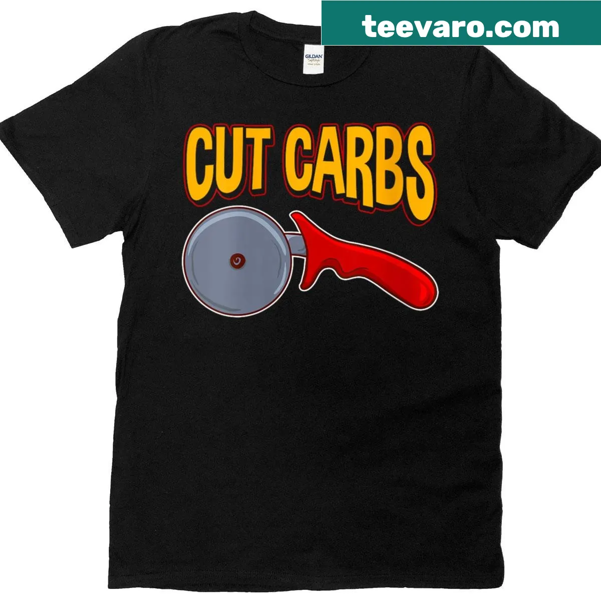 Funny T-shirt with 'Cut Carbs Pizza Cutter' saying — on a men's t-shirt