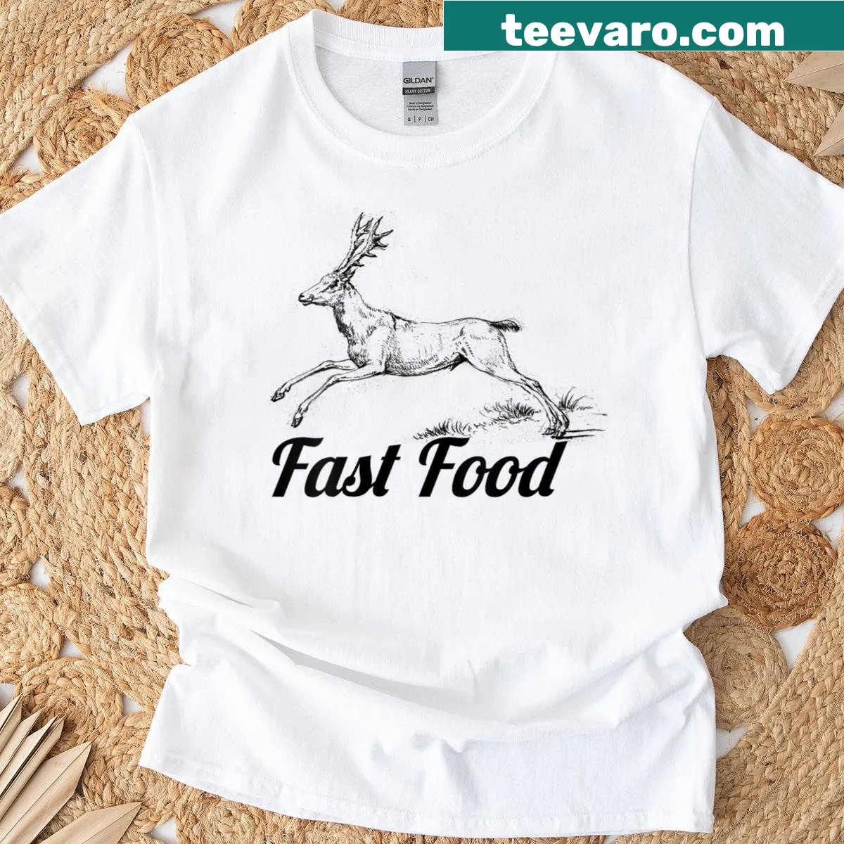 Funny fast food deer hunting graphic t-shirt for women — on a men's t-shirt