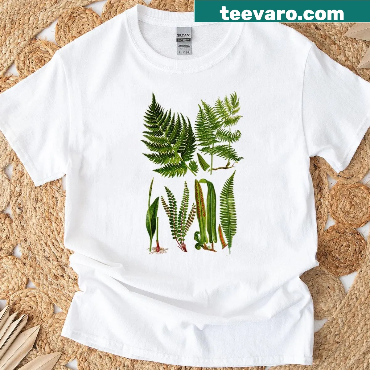 Botanical illustration of a New Zealand fern on a women's t-shirt — on a men's t-shirt