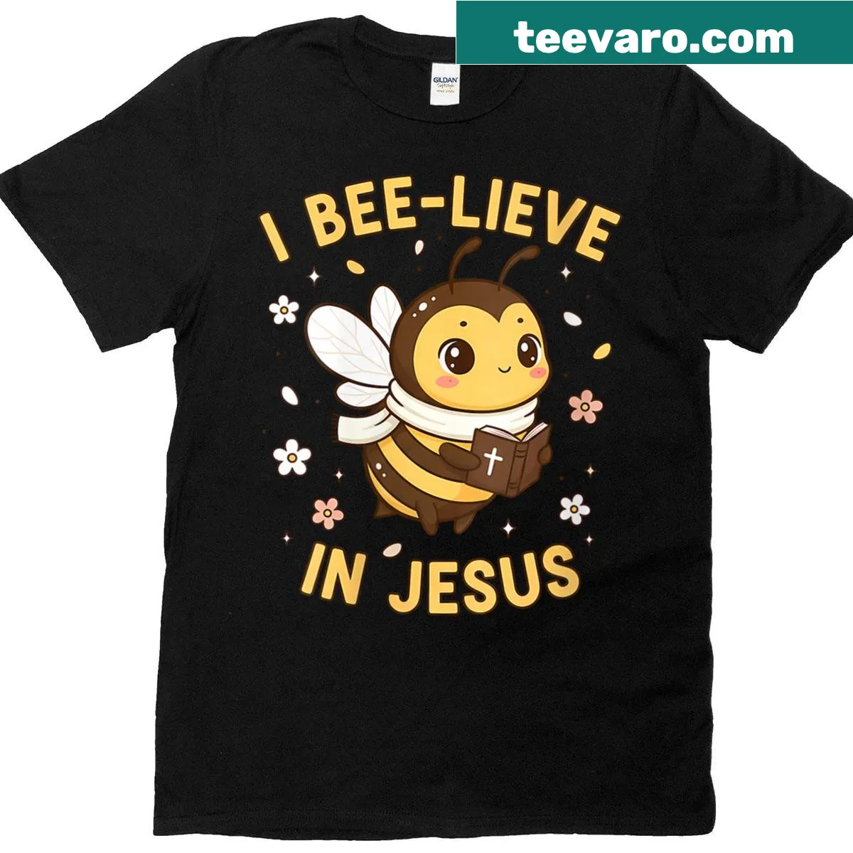 Cute t-shirt with a bee graphic and 'I Bee-lieve In Jesus' text — on a men's t-shirt