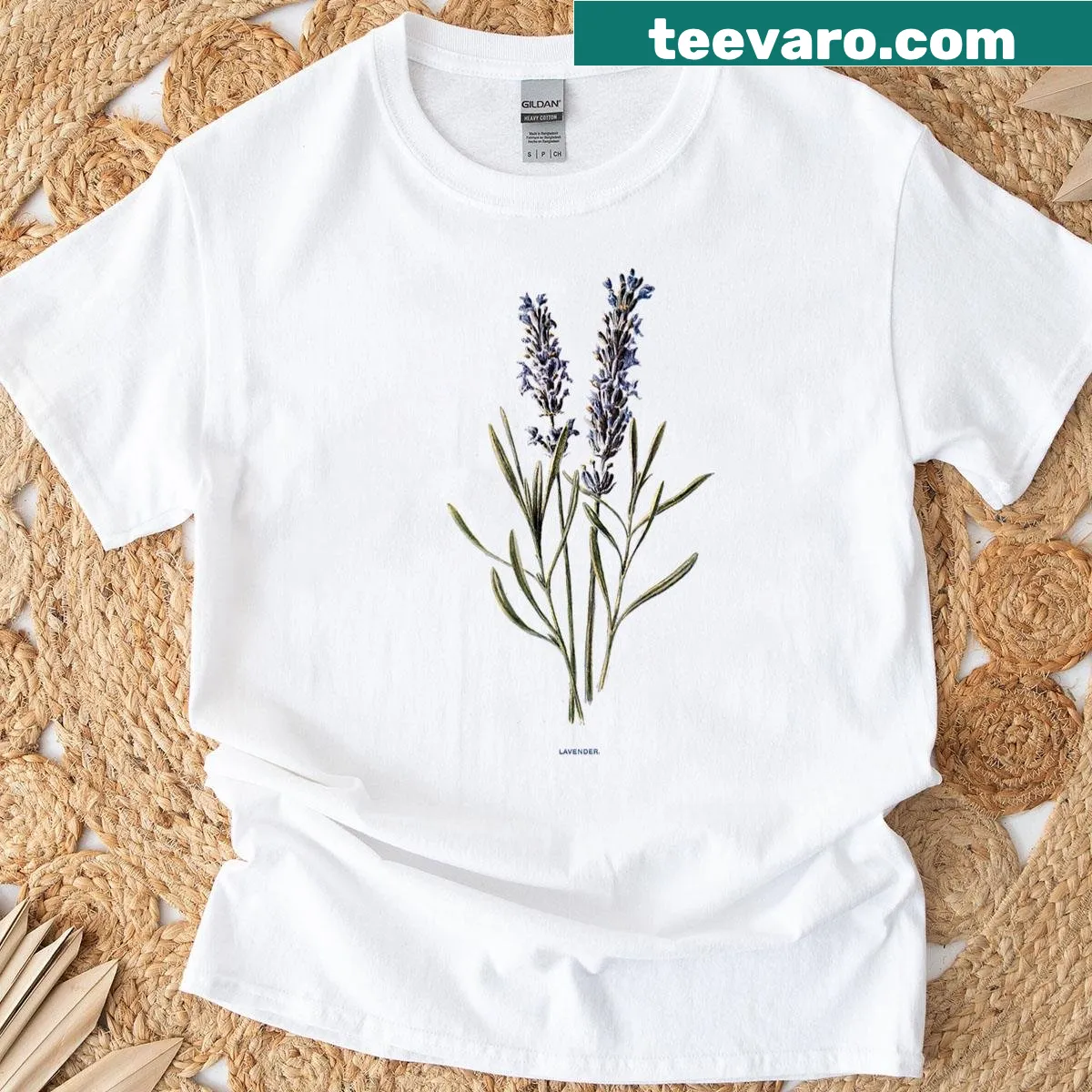 Lavender botanical print T-shirt — on a men's t-shirt