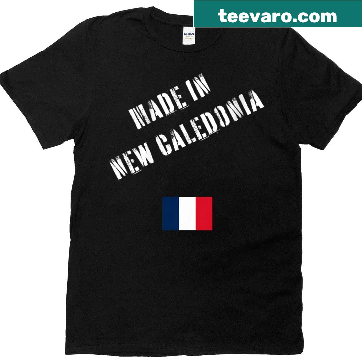 Funny text 'Made In New Caledonia' with the flag on a t-shirt. — on a men's t-shirt