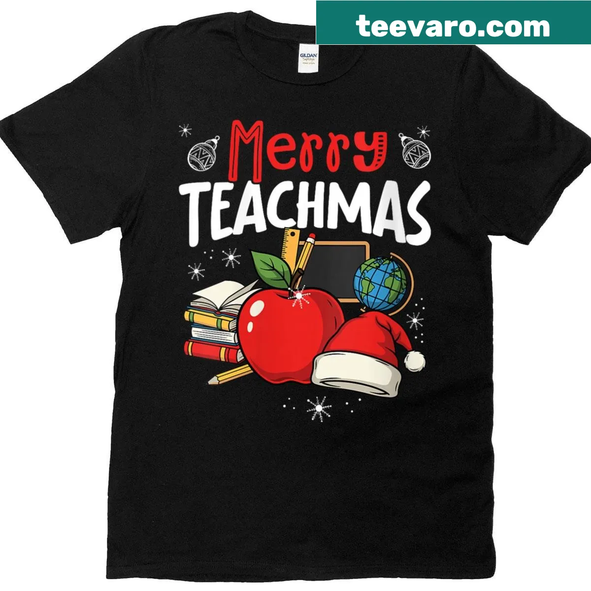 Funny Christmas t-shirt for teachers with 'Merry Teachmas' text — on a men's t-shirt