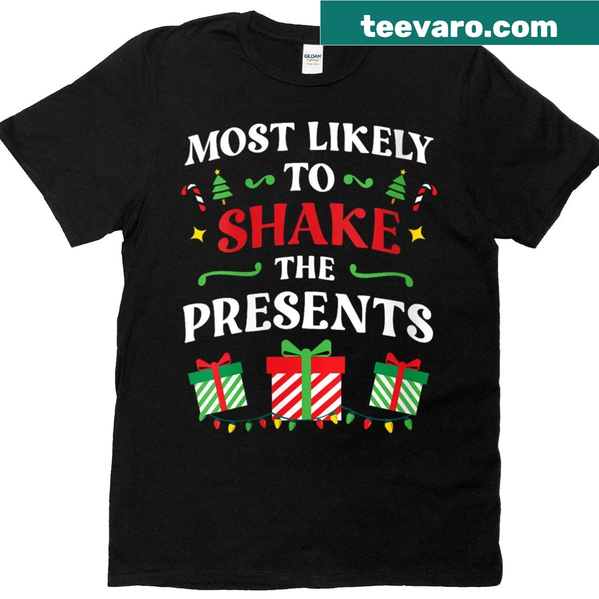 Funny Christmas shirt with text 'Most Likely To Shake The Presents' — on a men's t-shirt