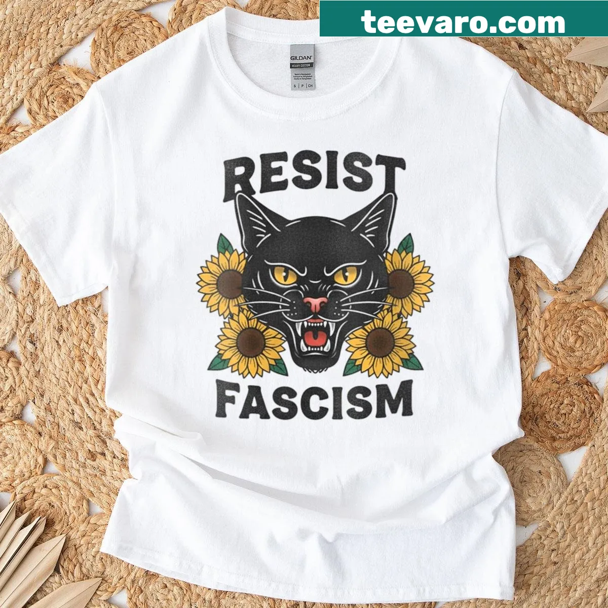 Feminist cat t-shirt with resist fascism message — on a men's t-shirt