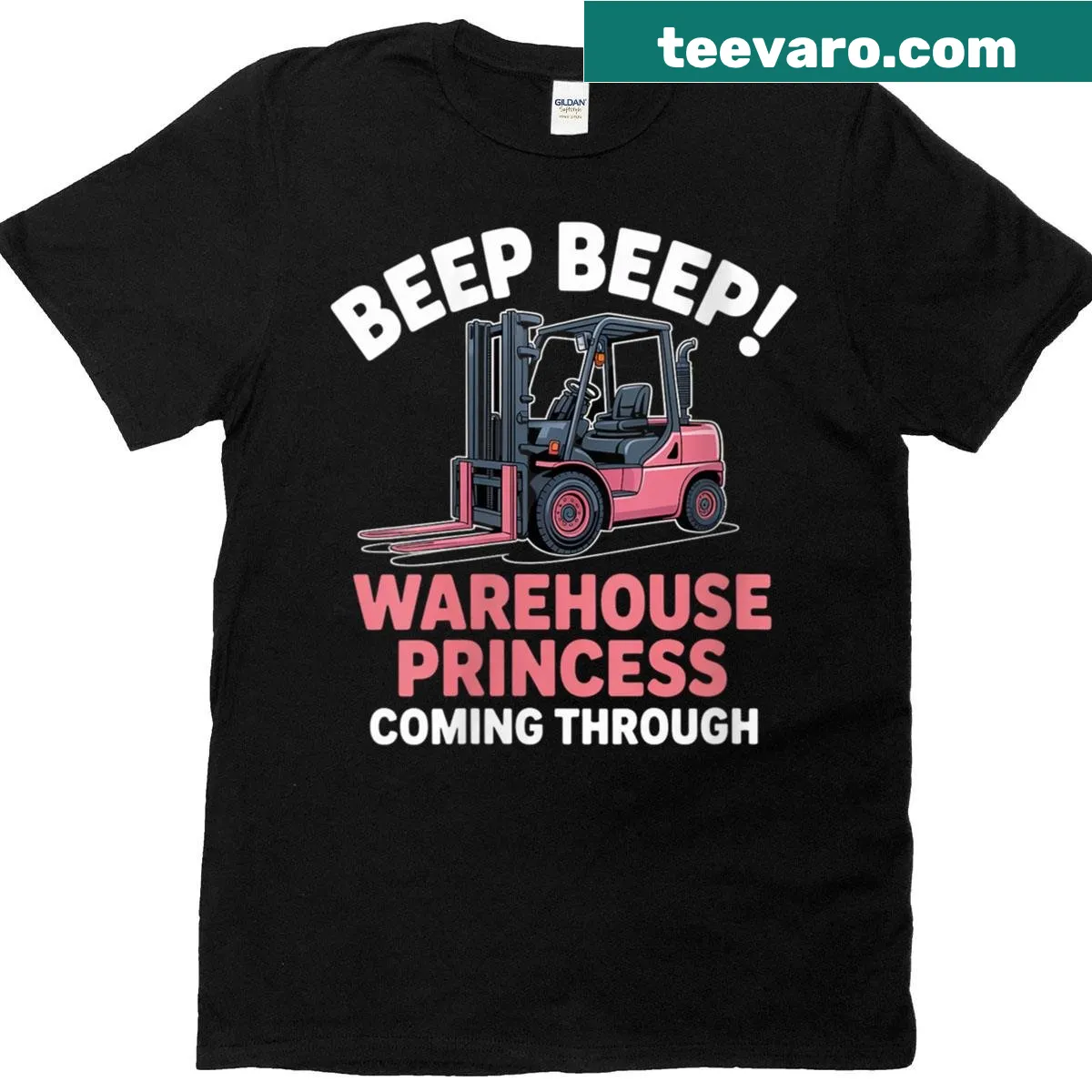 Funny T-shirt for women reading 'Warehouse Princess' with forklift graphic — on a men's t-shirt