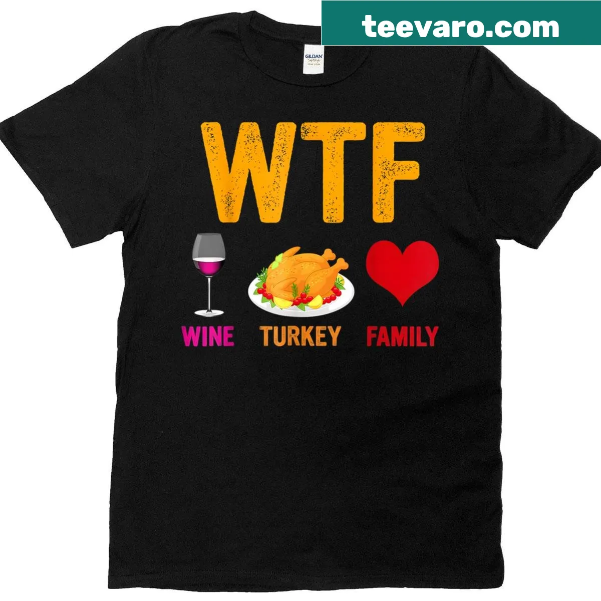 Funny Thanksgiving T-shirt with 'Wtf Wine Turkey' text — on a men's t-shirt