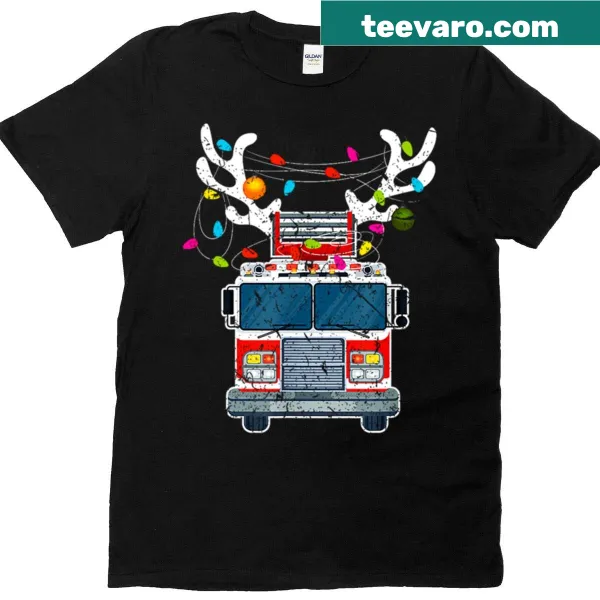 Illustrated Christmas t-shirt featuring a fire truck and reindeer