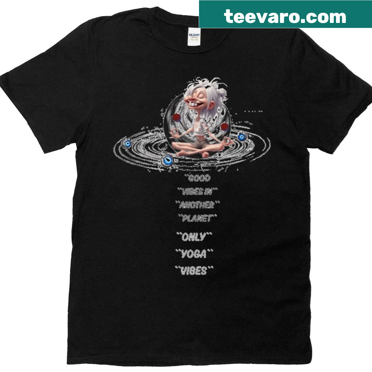 Funny T-shirt with meditating llama and 'Yoga Vibes' text — on a men's t-shirt