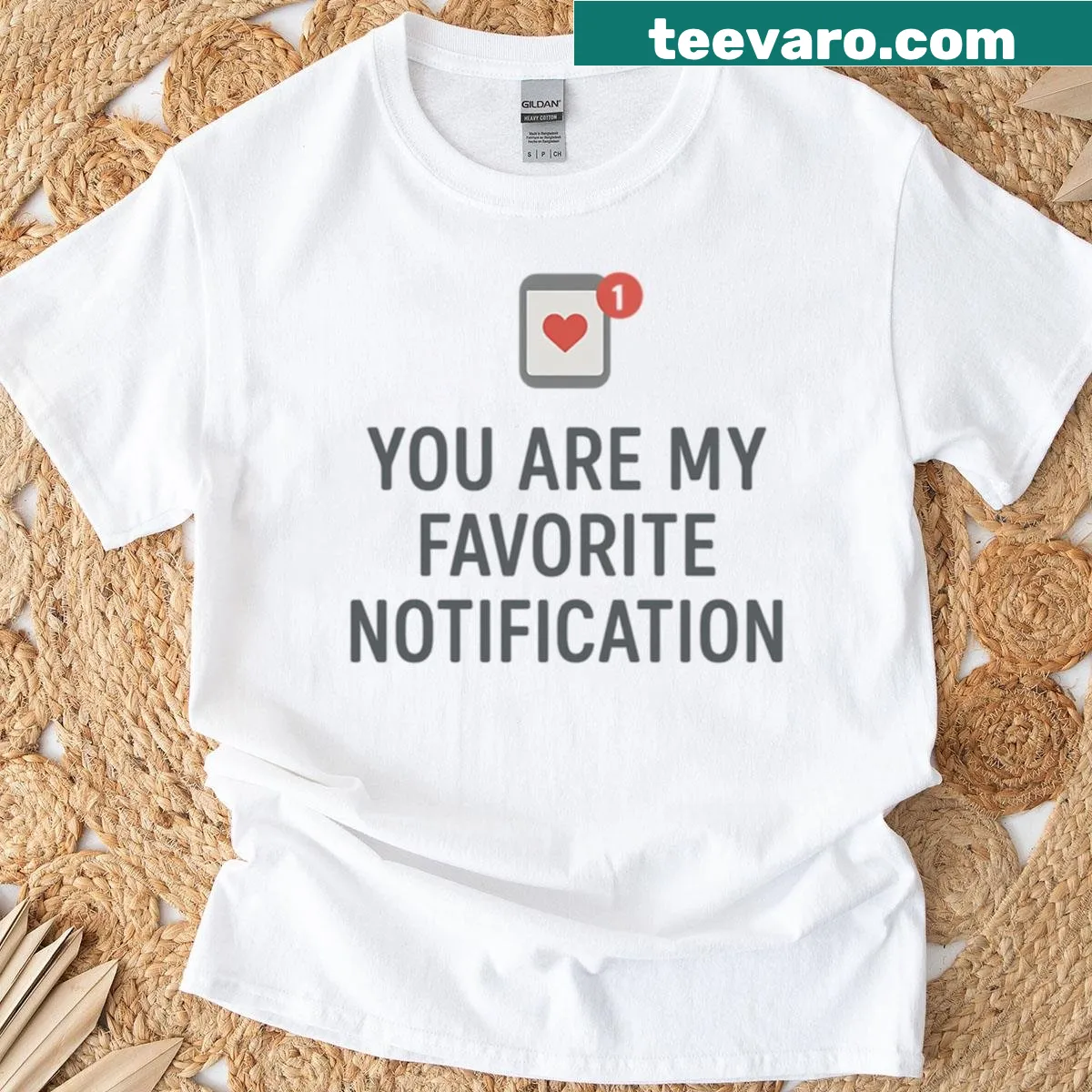 Cute romantic notification themed t-shirt, oversized fit with playful text — on a men's t-shirt